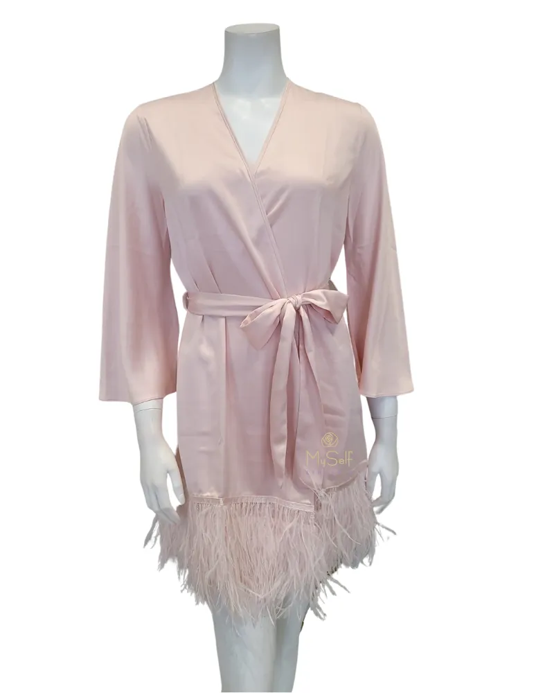 195 394 Pink Petal Heavenly Chemise & Feathers Satin Kimono Wrap