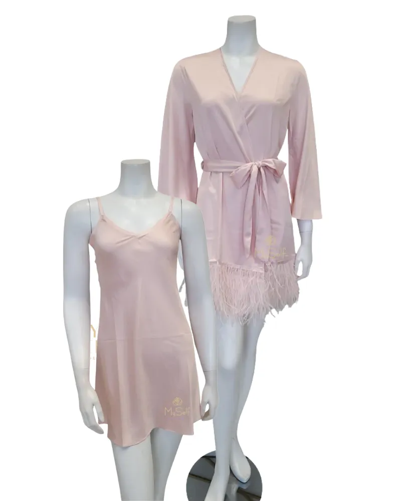 195 394 Pink Petal Heavenly Chemise & Feathers Satin Kimono Wrap