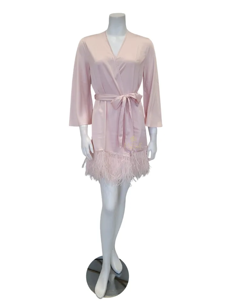 195 394 Pink Petal Heavenly Chemise & Feathers Satin Kimono Wrap