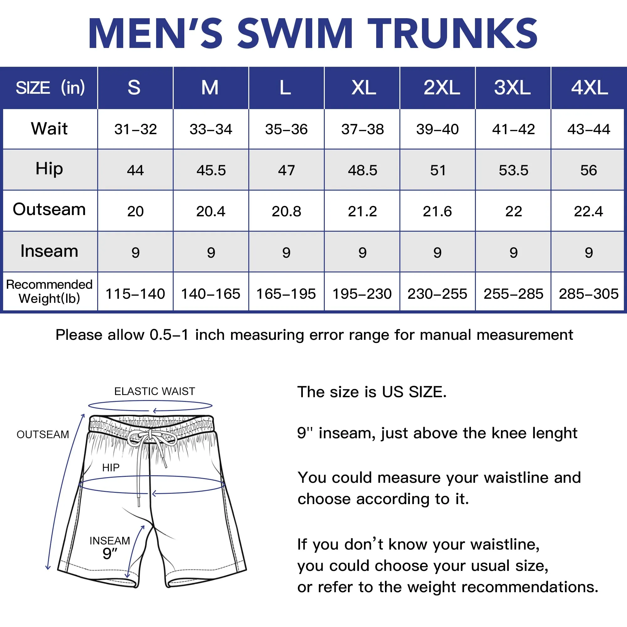 4 Way Stretch Quick Dry Board Shorts with Mesh Lining (sized up to 5XL)