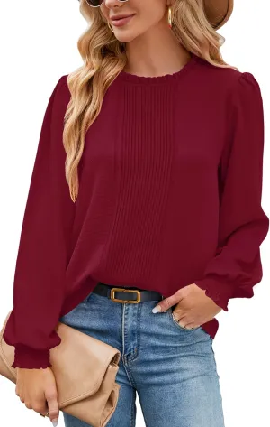 Aifer Womens Frill Mock Neck Puff Long Sleeve Blouses Dressy Pleated Front Work Shirts Business Casual Spring Tops