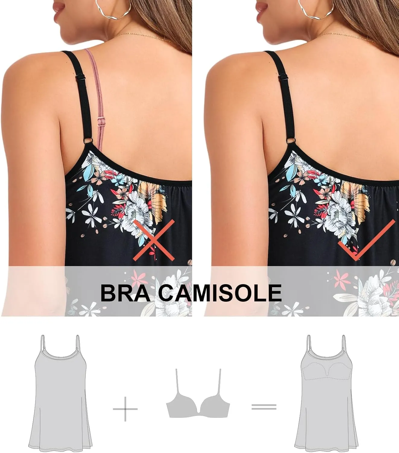 AMVELOP Camisole for Women Built in Bra Casual Pleated Cami Adjustable Spaghetti Strap Tank Top Loose Fit S-XXXXL
