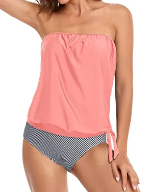 Backless Bandeau Tankini For Women With Removable Straps-Coral Pink Stripe