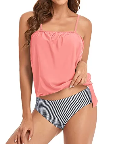 Backless Bandeau Tankini For Women With Removable Straps-Coral Pink Stripe
