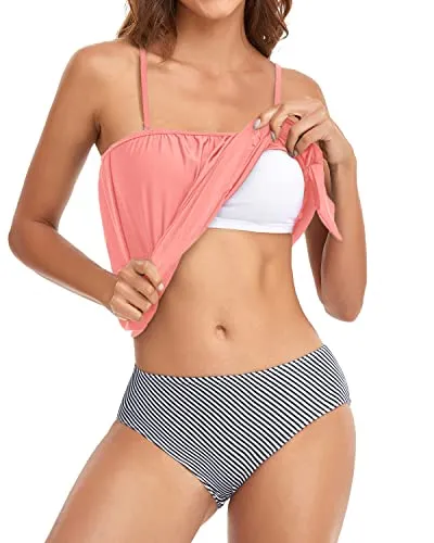 Backless Bandeau Tankini For Women With Removable Straps-Coral Pink Stripe