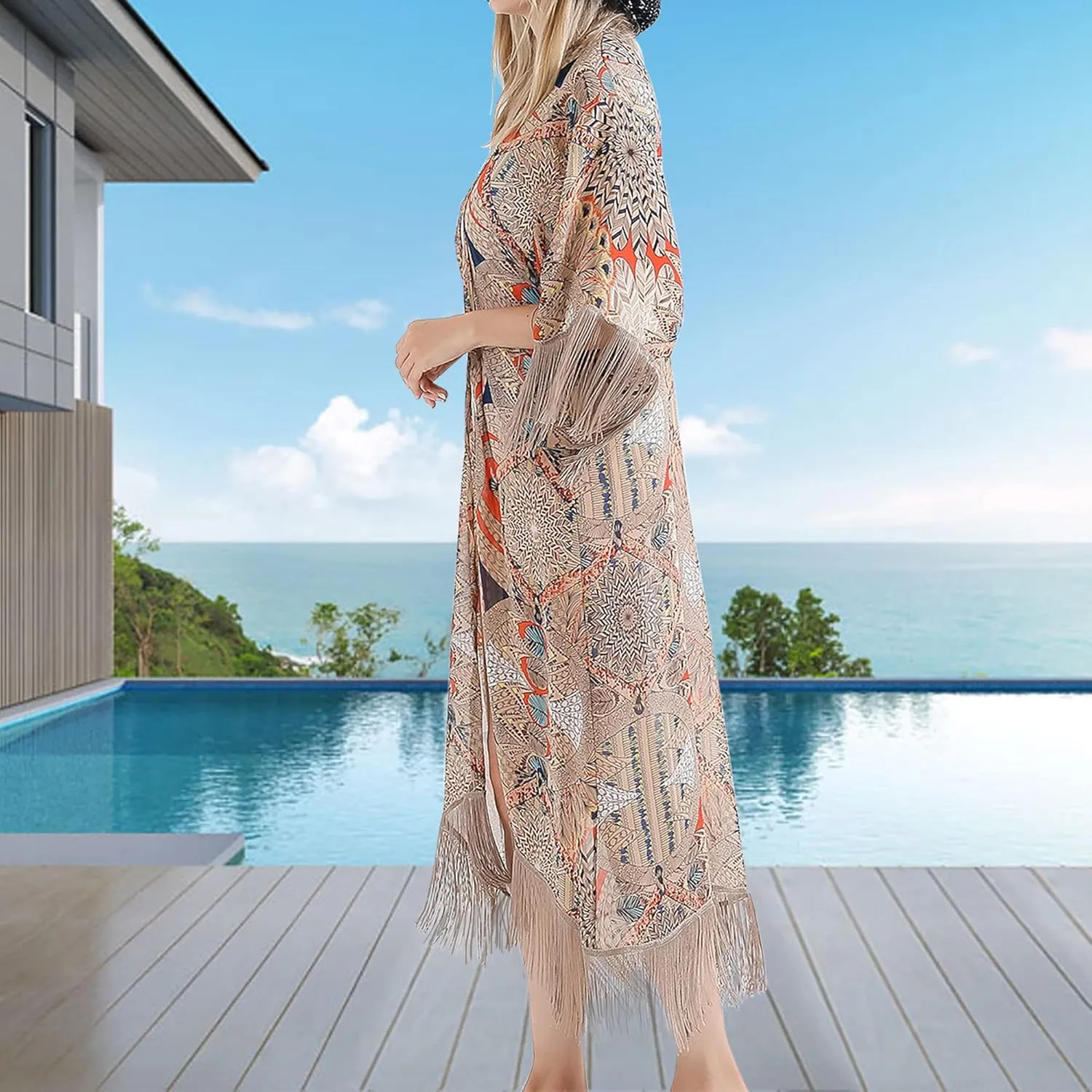 Bestshe Womens Bohemian Kimono Cardigans Fashion Floral Beach Cover Up Casual Loose Swimsuit Cardigan