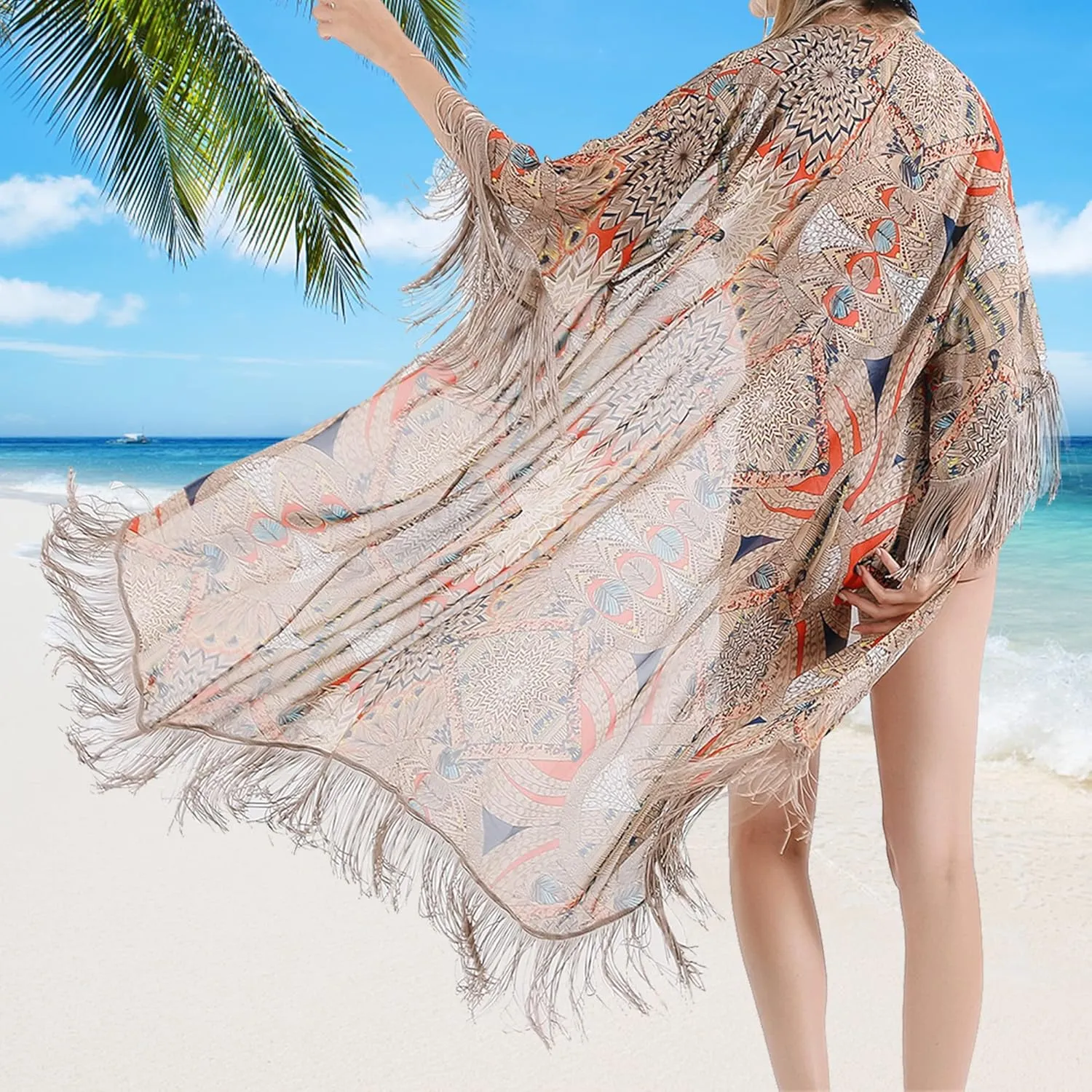 Bestshe Womens Bohemian Kimono Cardigans Fashion Floral Beach Cover Up Casual Loose Swimsuit Cardigan