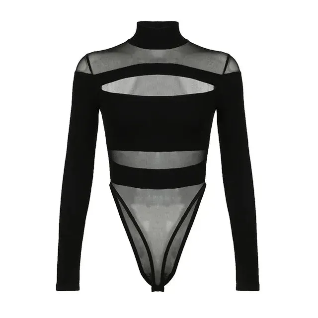 Black Hollow Out Long Sleeve Mesh Bodysuit