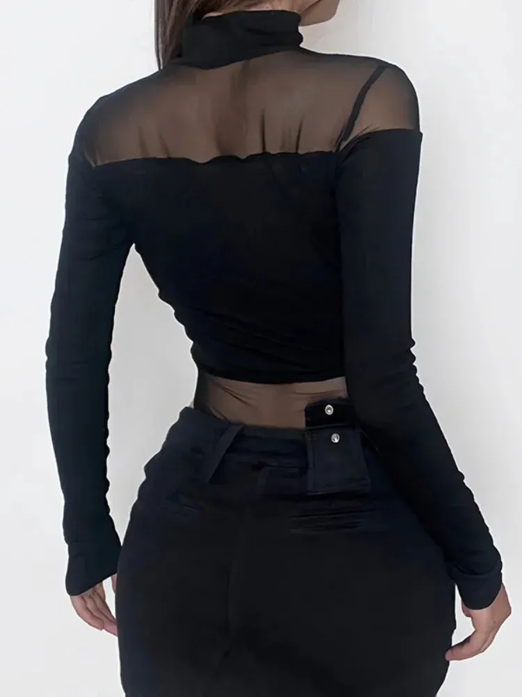 Black Hollow Out Long Sleeve Mesh Bodysuit