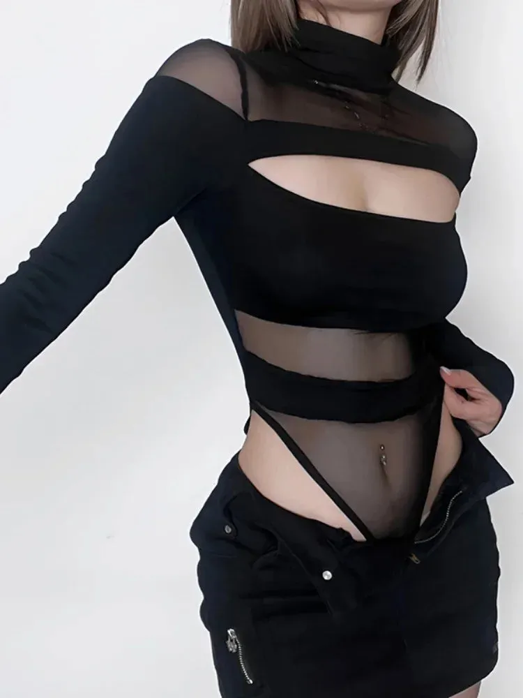 Black Hollow Out Long Sleeve Mesh Bodysuit