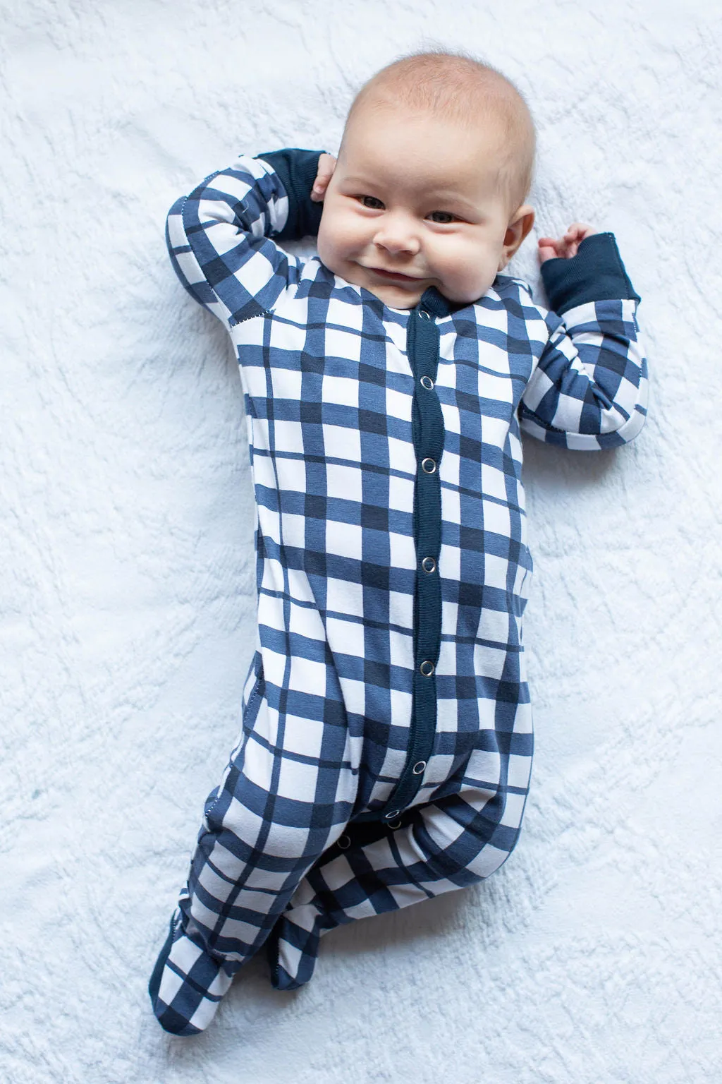 Blue Gingham One Piece Footed Baby Romper