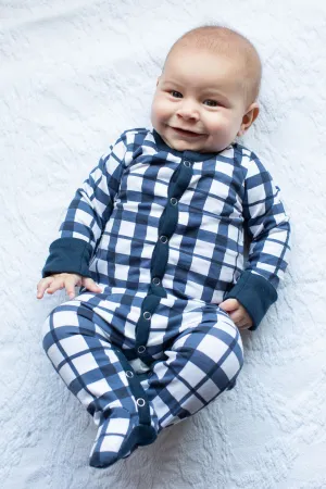 Blue Gingham One Piece Footed Baby Romper