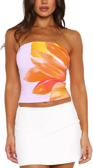 Boho Floral Tube Top Women Sexy Strapless Crop Bandeau Tops Backless Aesthetic Graphic Y2k Fairy Going Out Cami Shirt