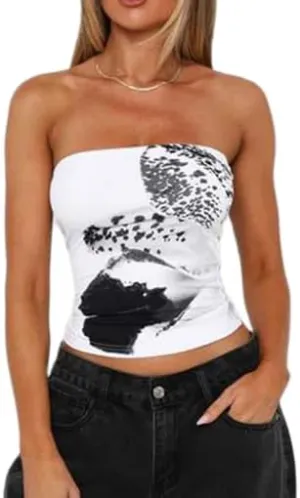 Boho Floral Tube Top Women Sexy Strapless Crop Bandeau Tops Backless Aesthetic Graphic Y2k Fairy Going Out Cami Shirt
