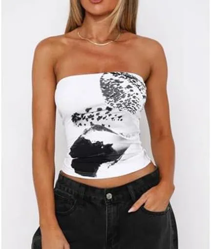 Boho Floral Tube Top Women Sexy Strapless Crop Bandeau Tops Backless Aesthetic Graphic Y2k Fairy Going Out Cami Shirt