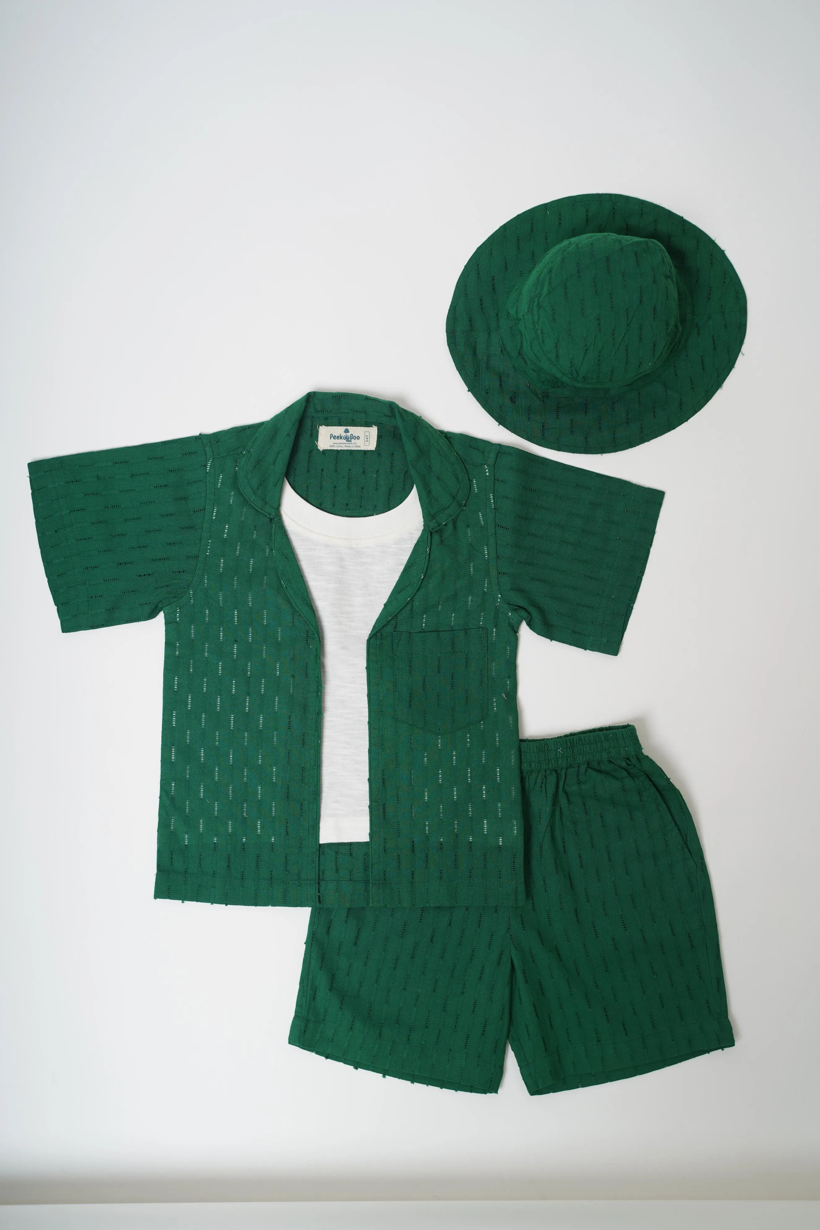 Boys Textured Cotton Green Resort Wear Set With Free beach hat