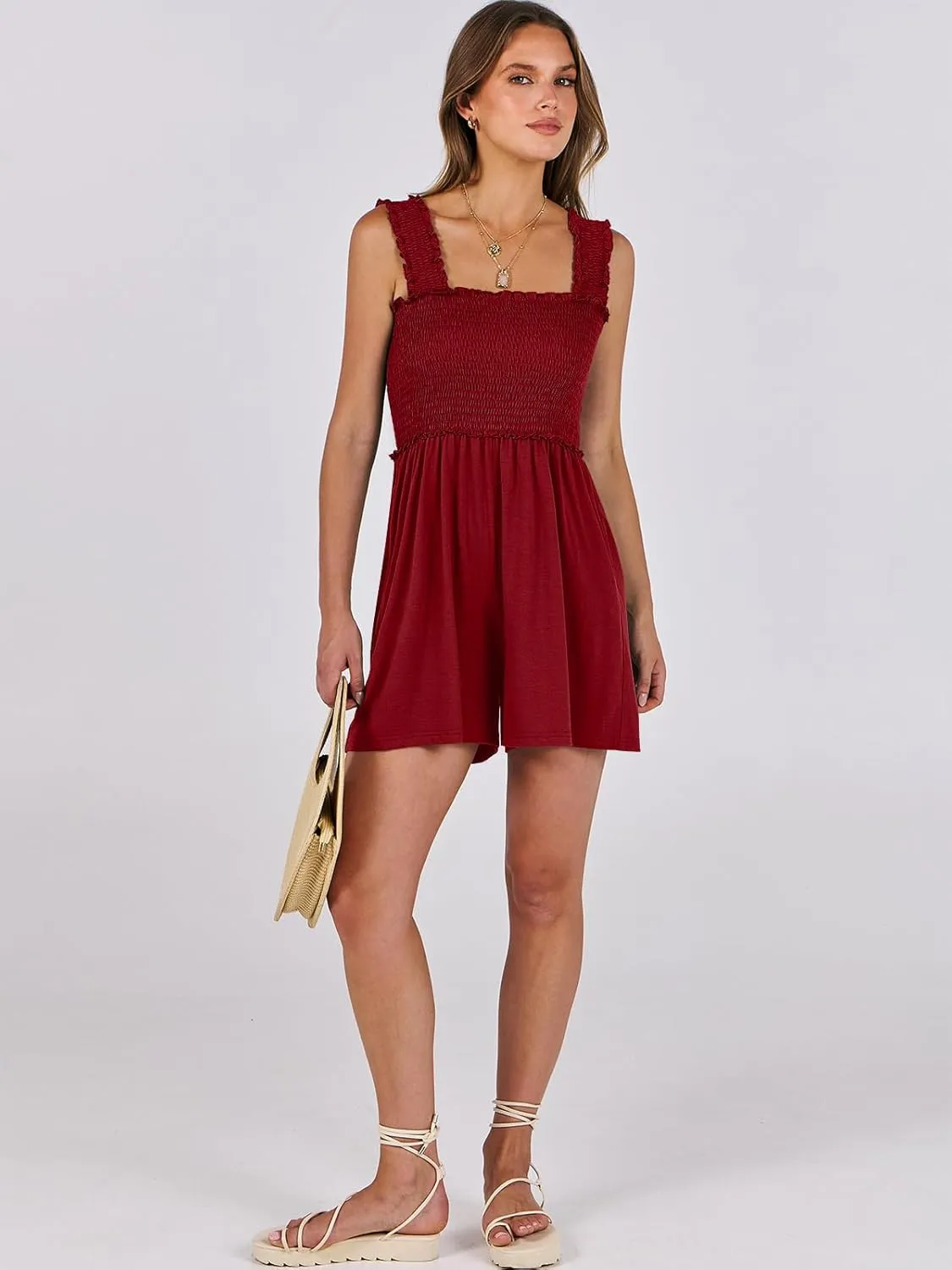Caracilia Women's Summer Casual Smocked Rompers Square Neck Sleeveless Loose Shorts Jumpsuit 2025 Beach Vacation Outfits