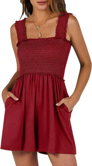 Caracilia Women's Summer Casual Smocked Rompers Square Neck Sleeveless Loose Shorts Jumpsuit 2025 Beach Vacation Outfits