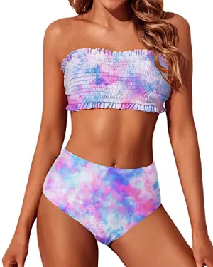 Cheeky Two Piece Smocked Swimsuits Off Shoulder Bathing Suit For Women-Tie Dye