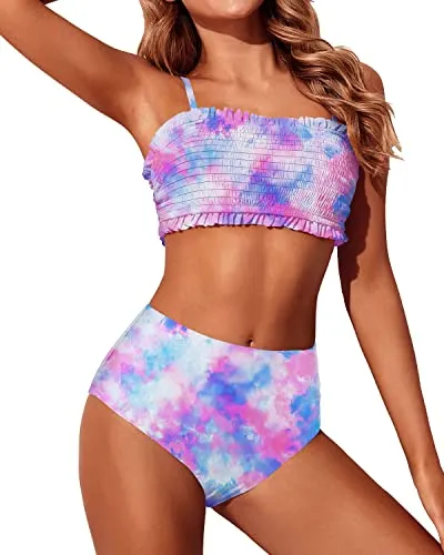 Cheeky Two Piece Smocked Swimsuits Off Shoulder Bathing Suit For Women-Tie Dye
