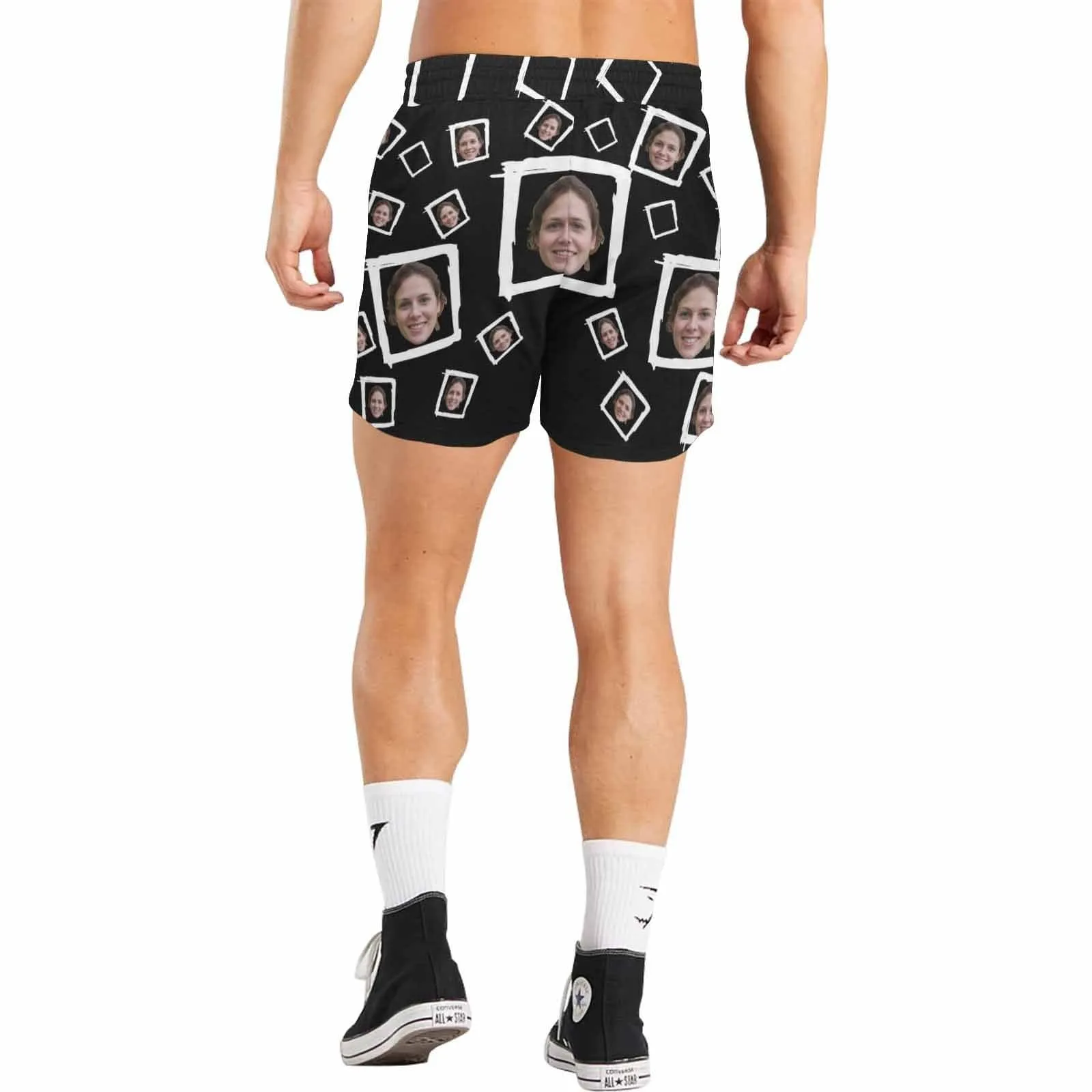 Custom Face Drawstring Swim Trunks with Face & Logo Square Creative Men's Quick Dry Swim Shorts