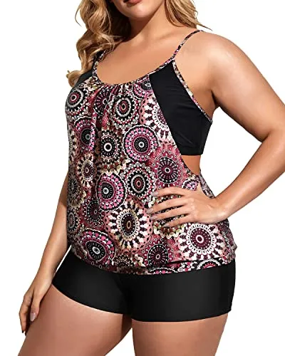 Deep Cut Two Piece Plus Size Tankini Set Swimsuit For Women-Brown Print
