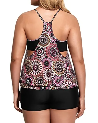 Deep Cut Two Piece Plus Size Tankini Set Swimsuit For Women-Brown Print