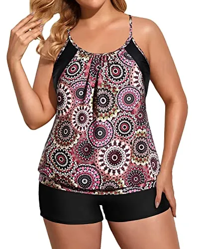 Deep Cut Two Piece Plus Size Tankini Set Swimsuit For Women-Brown Print