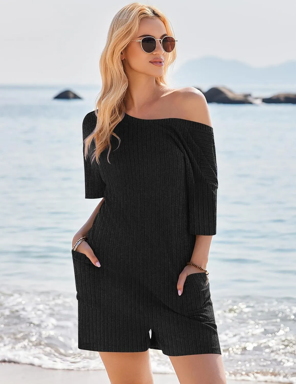 Ekouaer Rompers for Women Casual Ribbed Short Sleeve T-Shirt Tee Romper Summer Outfits with Pockets 2025