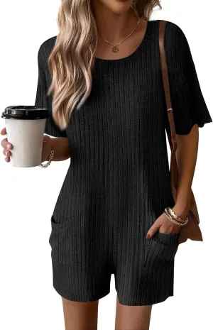 Ekouaer Rompers for Women Casual Ribbed Short Sleeve T-Shirt Tee Romper Summer Outfits with Pockets 2025