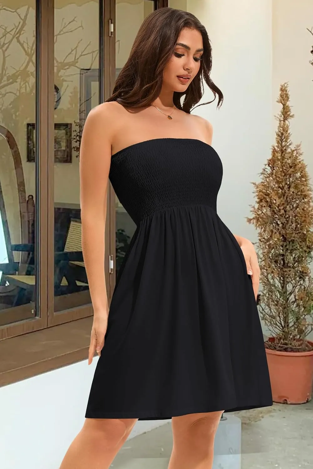 elescat Summer Dresses for Women Strapless Casual Beach Cover Ups Tube Top Sundress