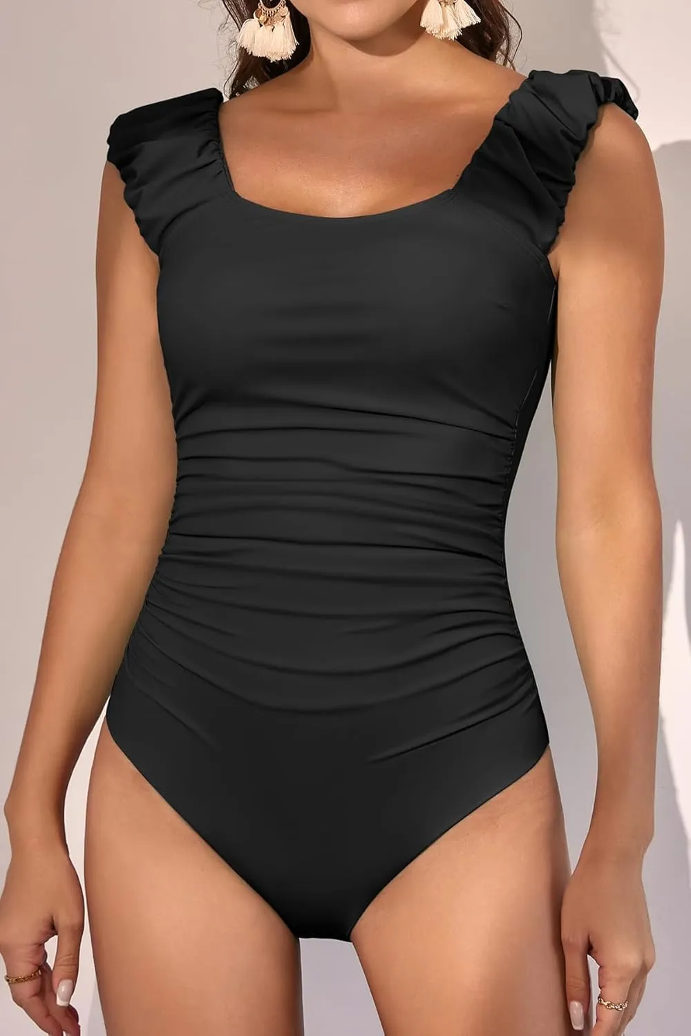 Eomenie Womens One Piece Swimsuits Puffy Sleeves Tummy Control Bathing Suit Tie Back Swimwear