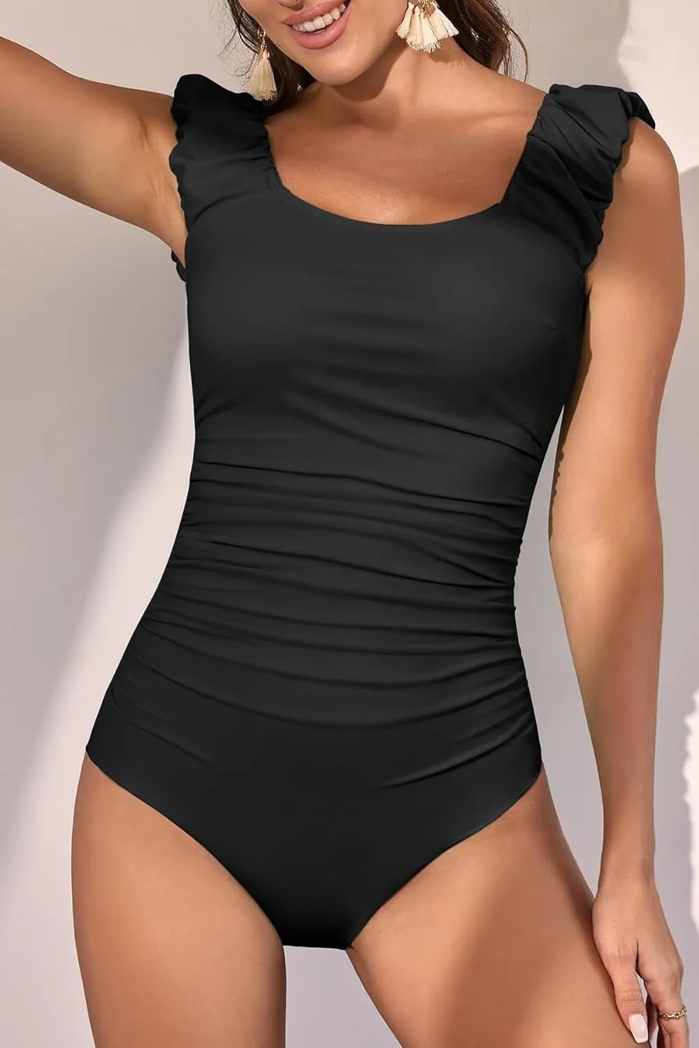 Eomenie Womens One Piece Swimsuits Puffy Sleeves Tummy Control Bathing Suit Tie Back Swimwear