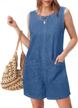 Glamaker Womens Summer Denim Romper - Casual Sleeveless Denim Jumpsuit Outfits Overall Shorts Jean Romper with Pockets