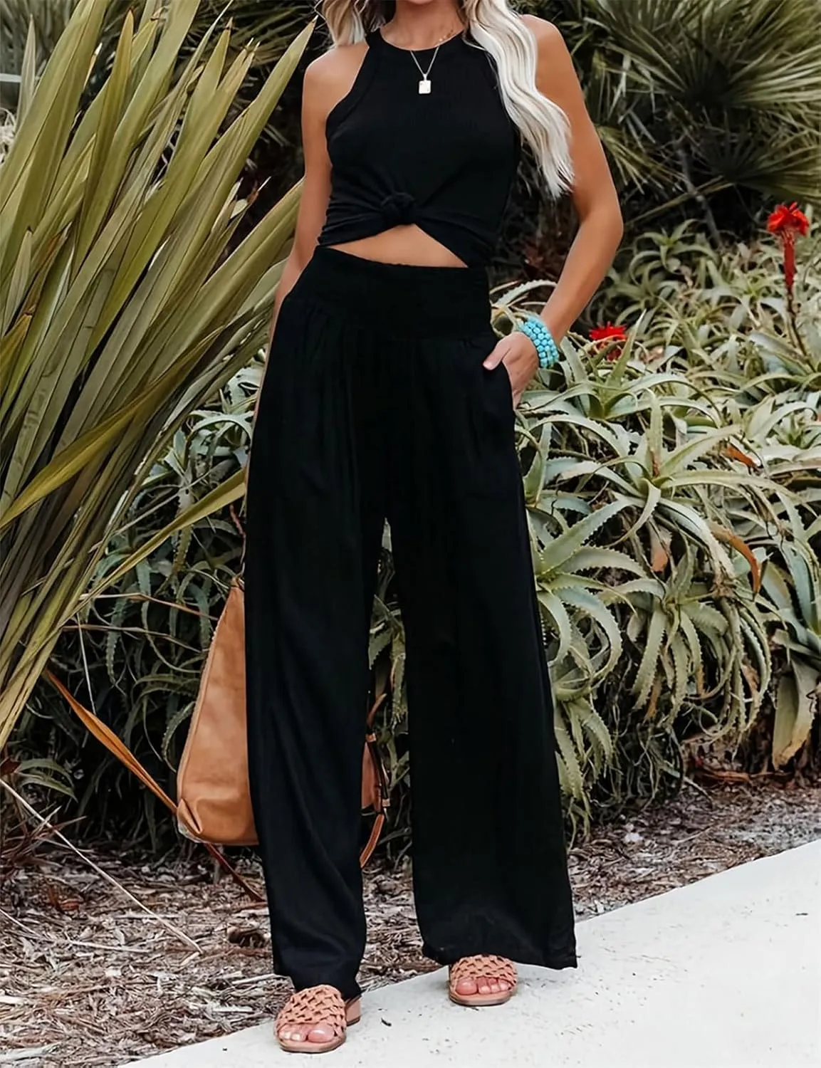 GLIENST Womens Linen Wide Leg Palazzo Pants High Waisted Smocked Lounge Trousers with Pockets S-2XL
