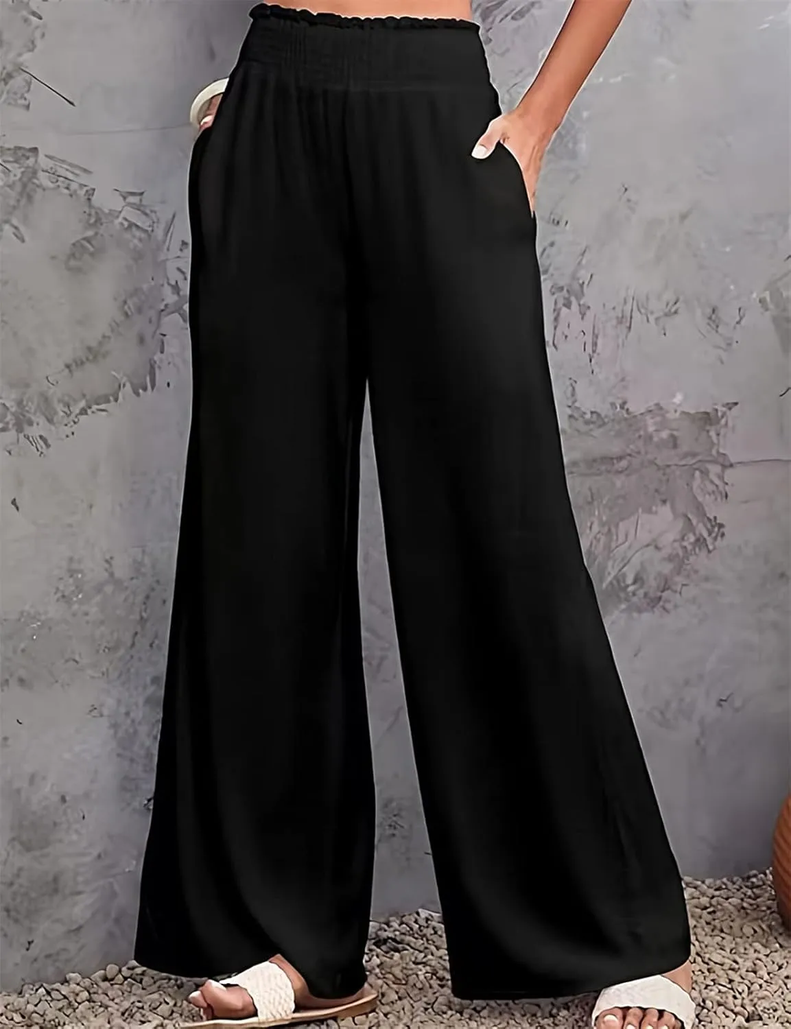 GLIENST Womens Linen Wide Leg Palazzo Pants High Waisted Smocked Lounge Trousers with Pockets S-2XL