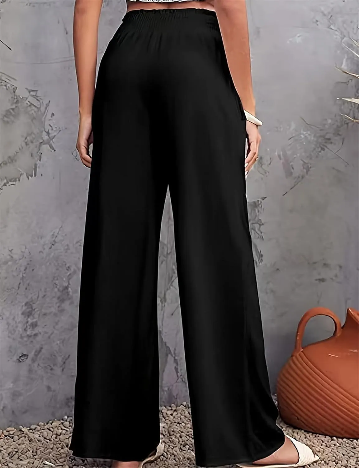 GLIENST Womens Linen Wide Leg Palazzo Pants High Waisted Smocked Lounge Trousers with Pockets S-2XL