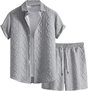 GORGLITTER Men's 2 Piece Outfits Waffle Knit Button Down Shirt Top and Shorts Set