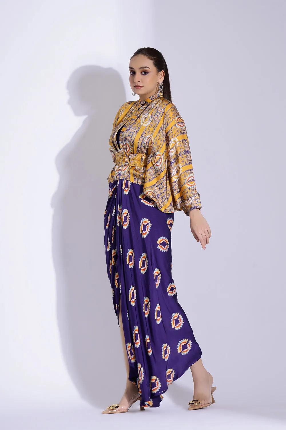 Hand Draped Gown With Kimono Shirt