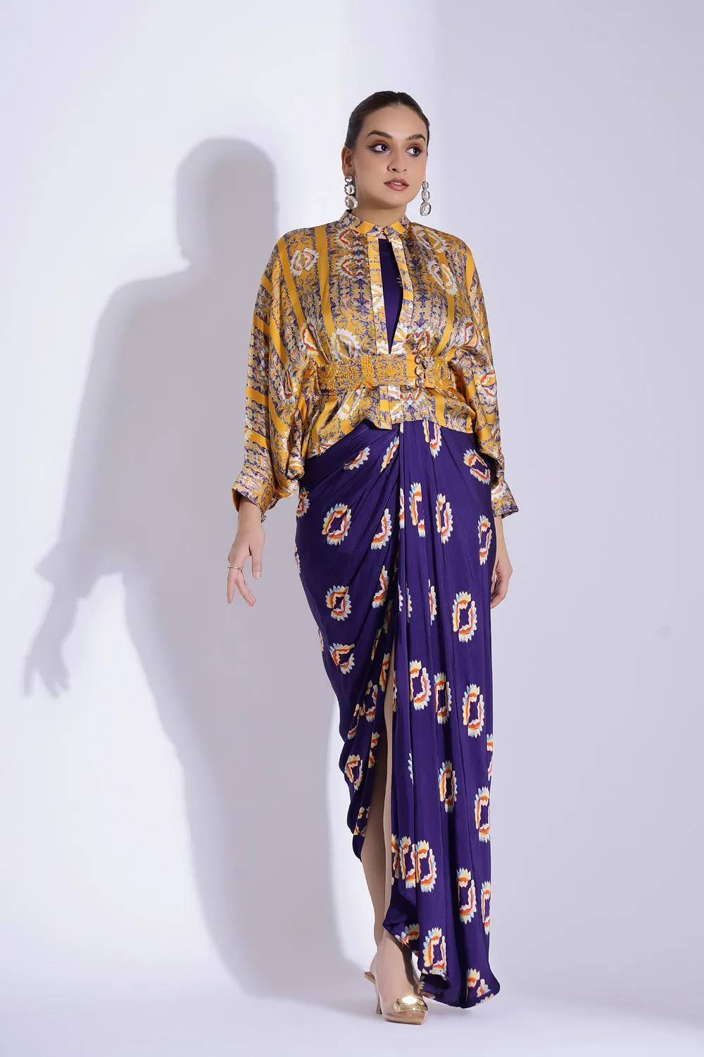 Hand Draped Gown With Kimono Shirt