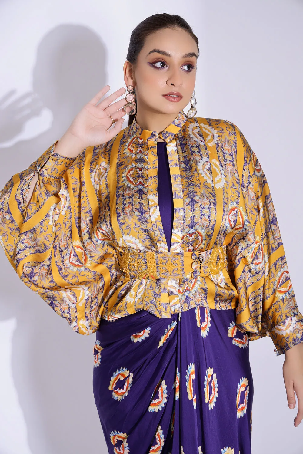Hand Draped Gown With Kimono Shirt