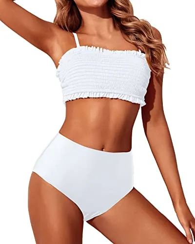 High Cut Women's Smocked Bikini Set High Waisted Bottoms-White