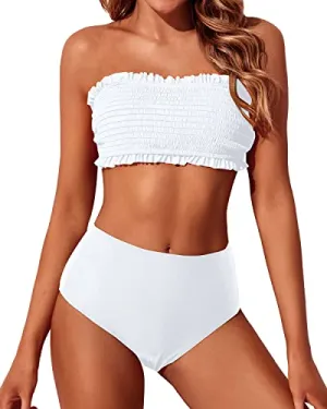 High Cut Women's Smocked Bikini Set High Waisted Bottoms-White
