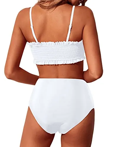 High Cut Women's Smocked Bikini Set High Waisted Bottoms-White