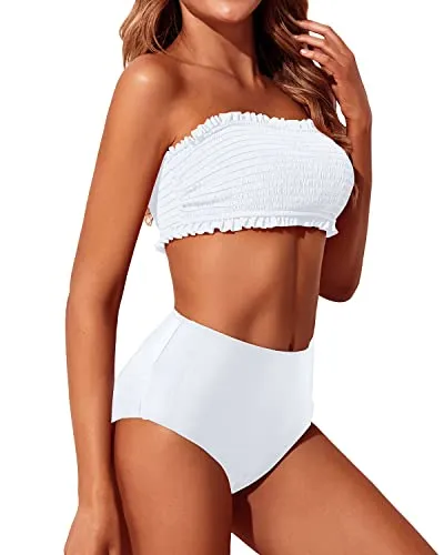 High Cut Women's Smocked Bikini Set High Waisted Bottoms-White