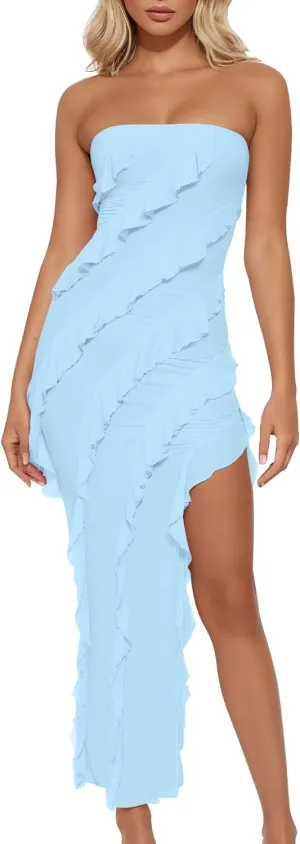 HOCILLE Women's Sexy Strapless Tube Bodycon Ruffle Split Long Cocktail Party Dresses