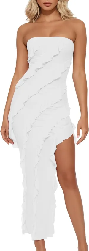 HOCILLE Women's Sexy Strapless Tube Bodycon Ruffle Split Long Cocktail Party Dresses