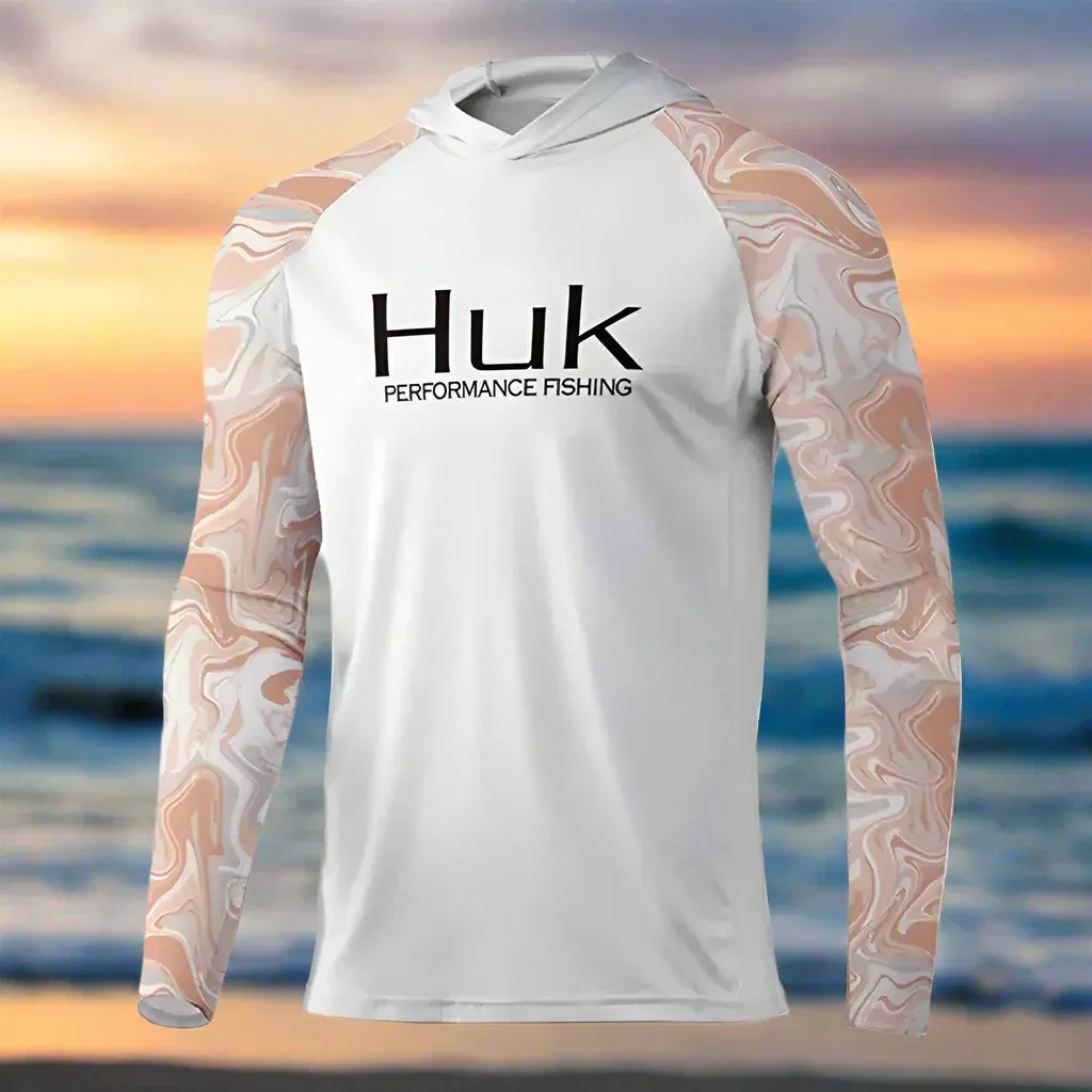 HUK Fishing T-shirt hooded  Mens Long Sleeve UV Protection 50 