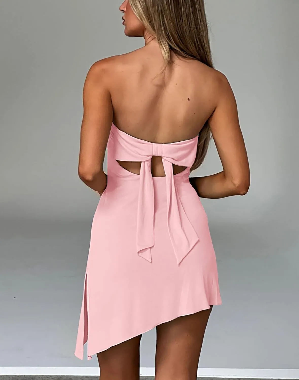 HYPERFIRE Women's Summer Strapless Tube Mini Dress Asymmetrical Slit Cut Out Back Dresses Cocktail