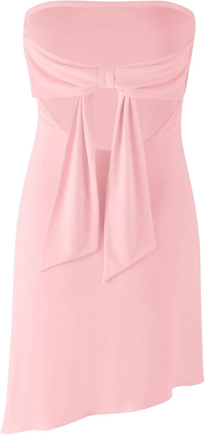 HYPERFIRE Women's Summer Strapless Tube Mini Dress Asymmetrical Slit Cut Out Back Dresses Cocktail